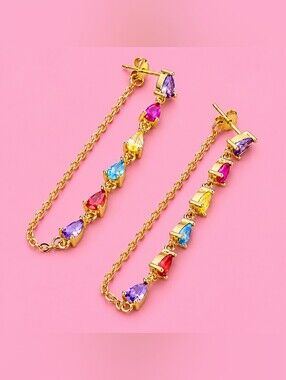 Gold Drop Earrings with Multicolor Gemstones - Women Jewelry